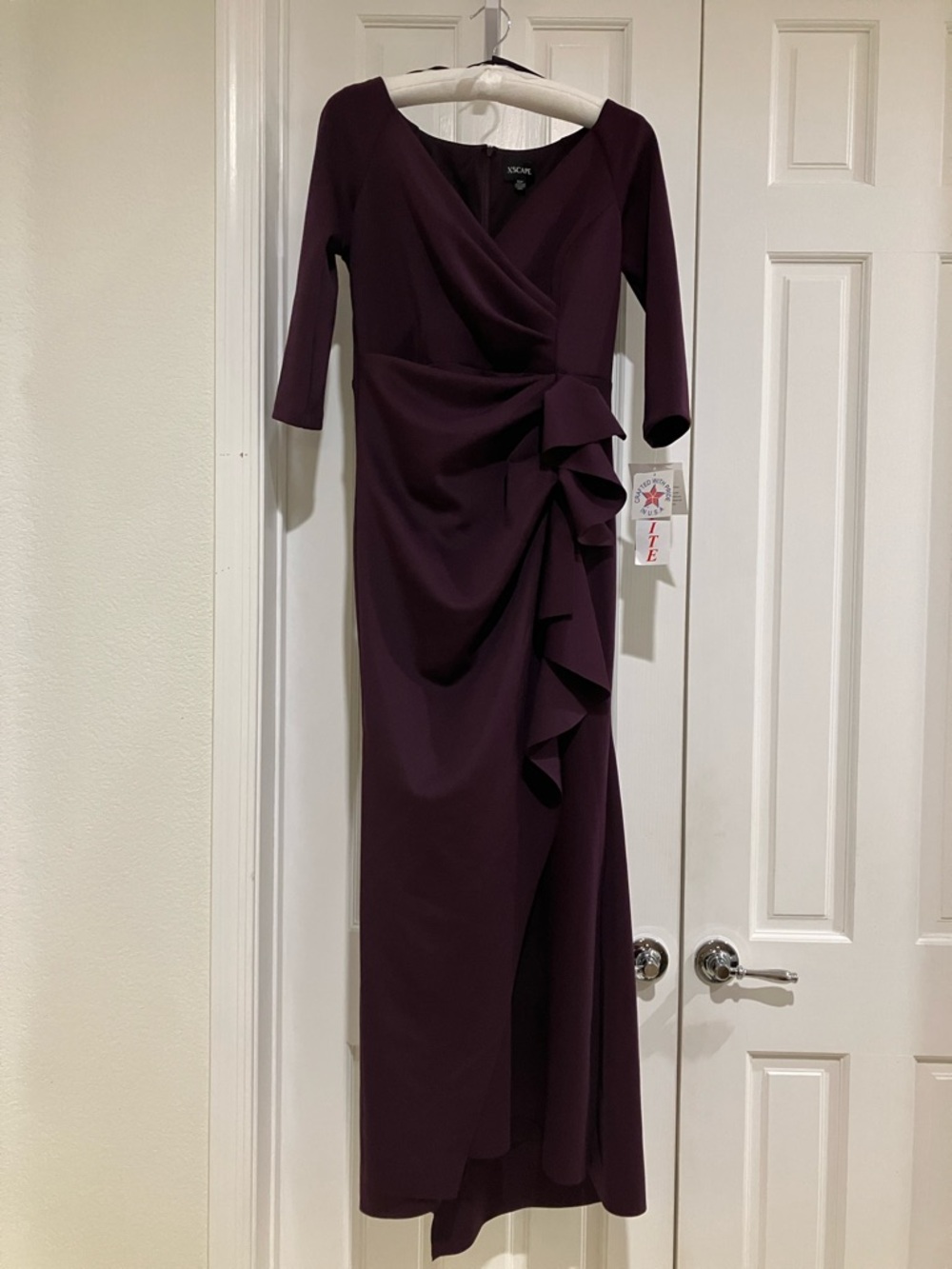 Petite "Lexi" Side-Slit Scuba V-Neck 3/4 Sleeve Dress, 10P, Plum